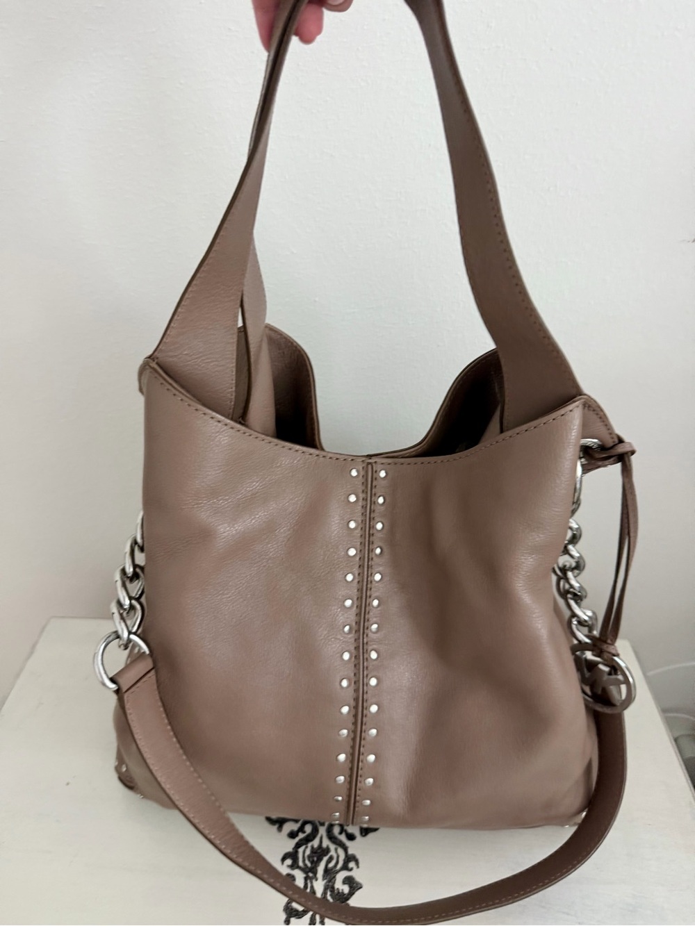 Michael Kors Taupe Leather Shoulder Bag with Silver Stud Detail